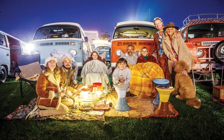 Hire A Kombi, business owners George and Alyce Gargievski (fourth and fifth from left) are pictured at the drive-in with, from left, Josy Bloomfield, Nathan Fitchen, their daughter Mae and son Kim, and Mark and Kathy Teiermanis. Pictures: Gary Sissons