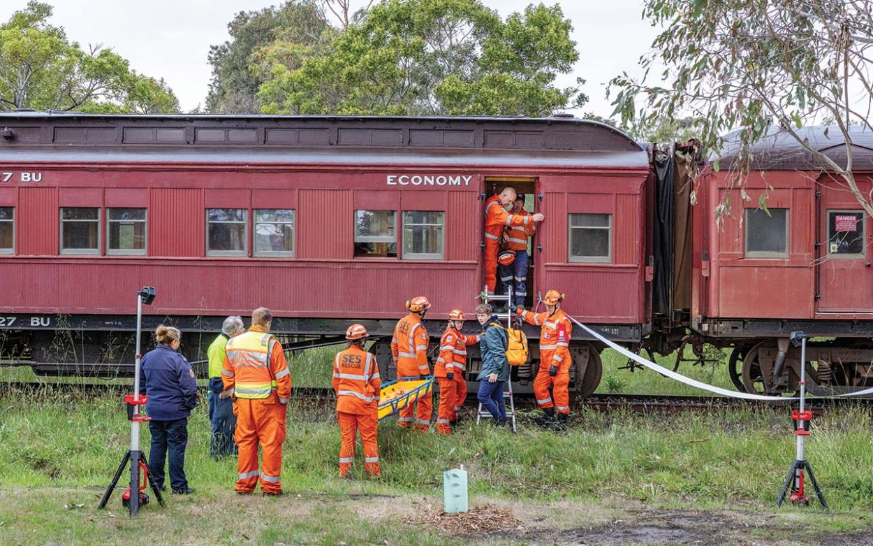 Hastings SES stage training drill on historic train