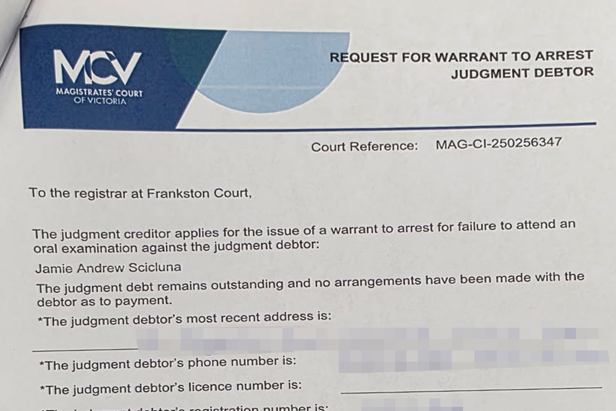 The request for warrant to arrest Jamie Scicluna that was lodged to the court. Picture: Supplied